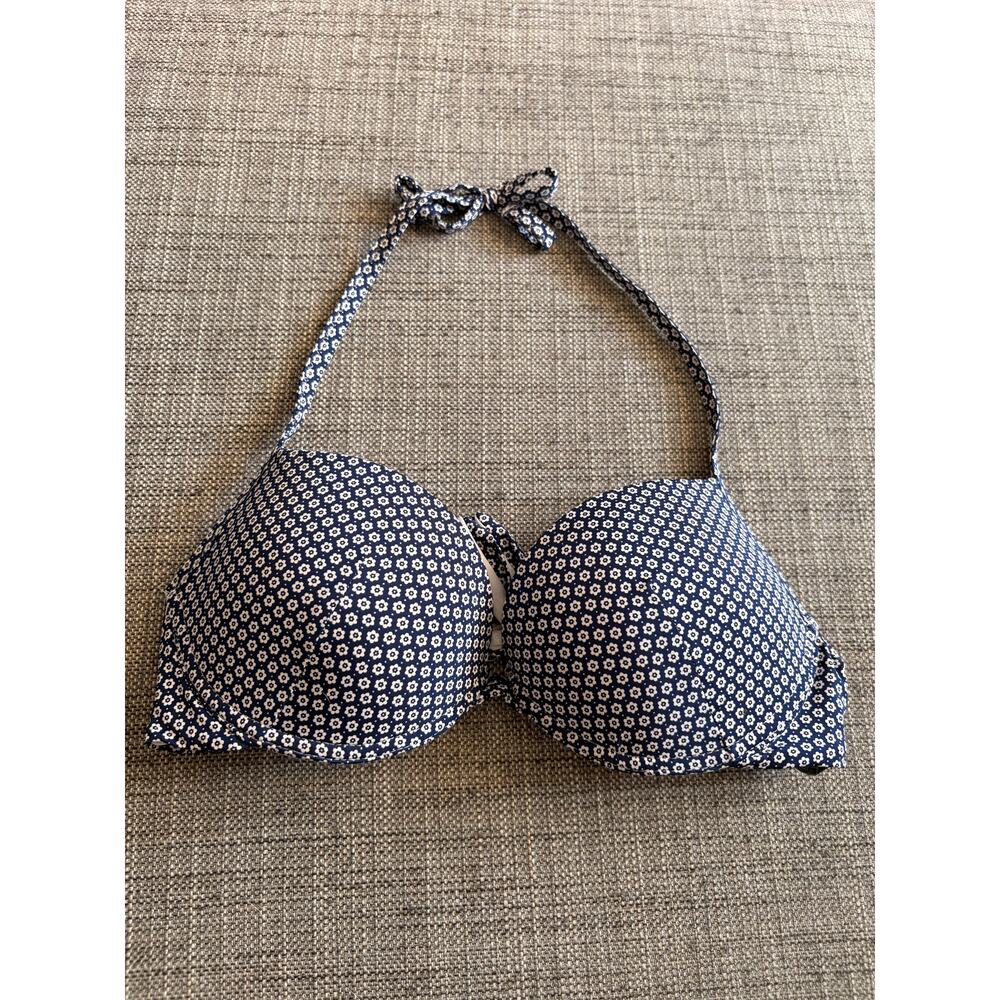 Tezenis Bikini Top Blue White Floral Padded Underwire Halter Tie Swim Size S
